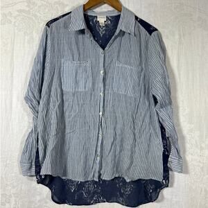 Chicos Button Up 3 XL Blue White Striped Fleur De Lis Mixed Media Print